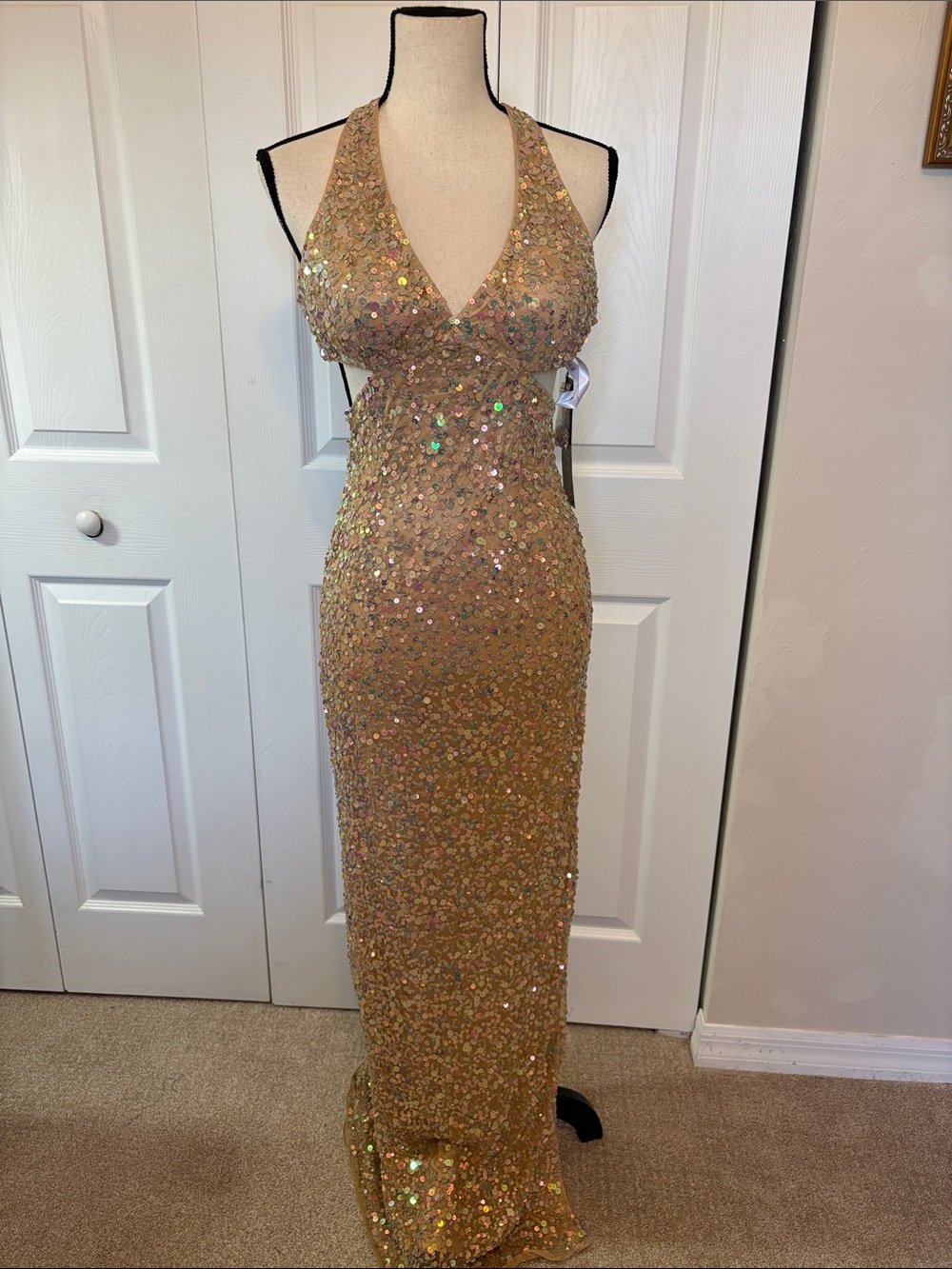 NWT Primavera Couture Sequin Halter Gown - Nude Iridescent - Size 4.
